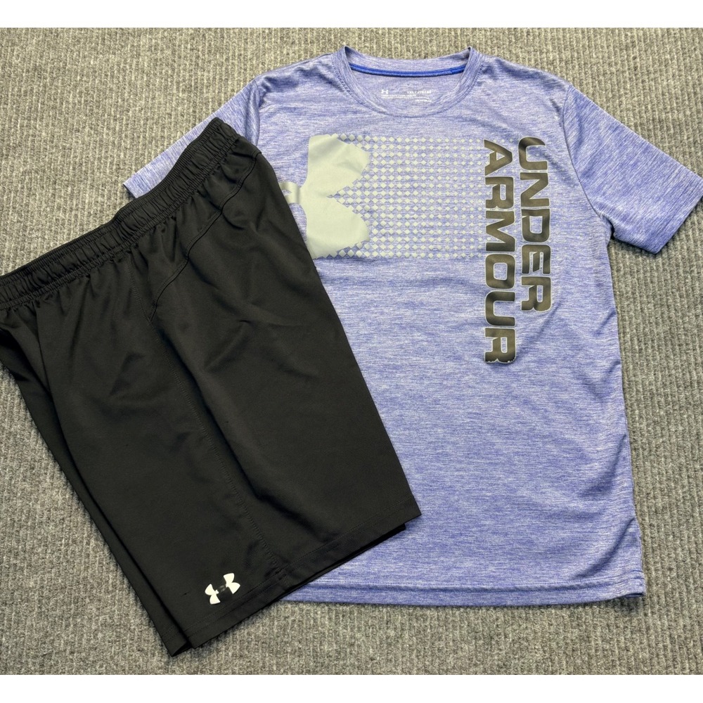 Under Armour Boys Blue HeatGear T-Shirt and Black Shorts Active Set YXL 18-20